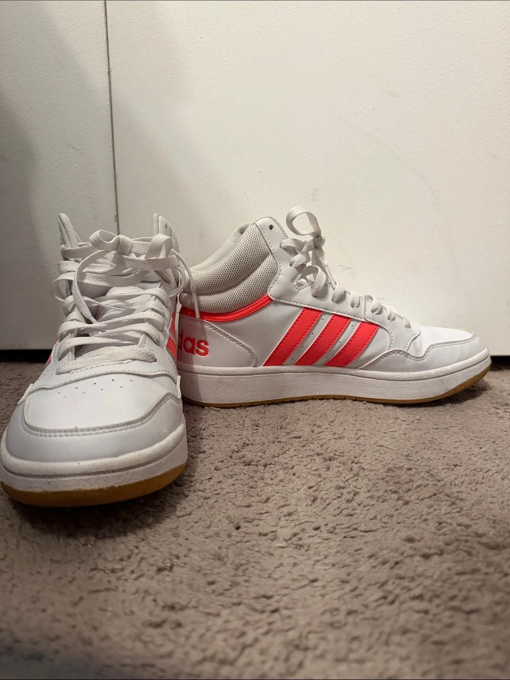 Size 8 adidas Women’s White Sneakers with Coral Pink Stripes